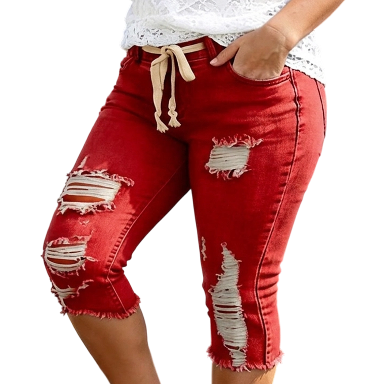 Women's Plus Size Distressed Washed Ripped High-Waisted Capri Frayed Hem Jeans, Drawstring Waist Denim Cropped Pants, Y2K Summer Streetwear Bottoms for Daily Wear, Comfortable Slim Fit Casual Trousers