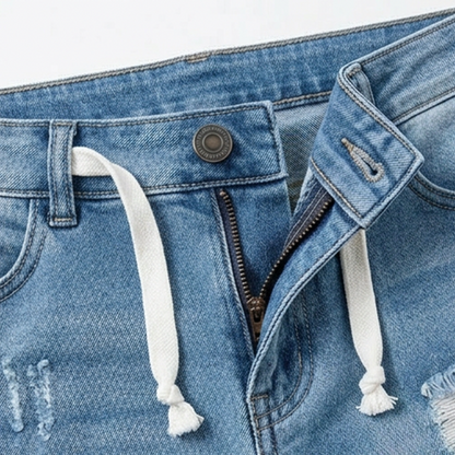 Women's Plus Size Distressed Washed Ripped High-Waisted Capri Frayed Hem Jeans, Drawstring Waist Denim Cropped Pants, Y2K Summer Streetwear Bottoms for Daily Wear, Comfortable Slim Fit Casual Trousers