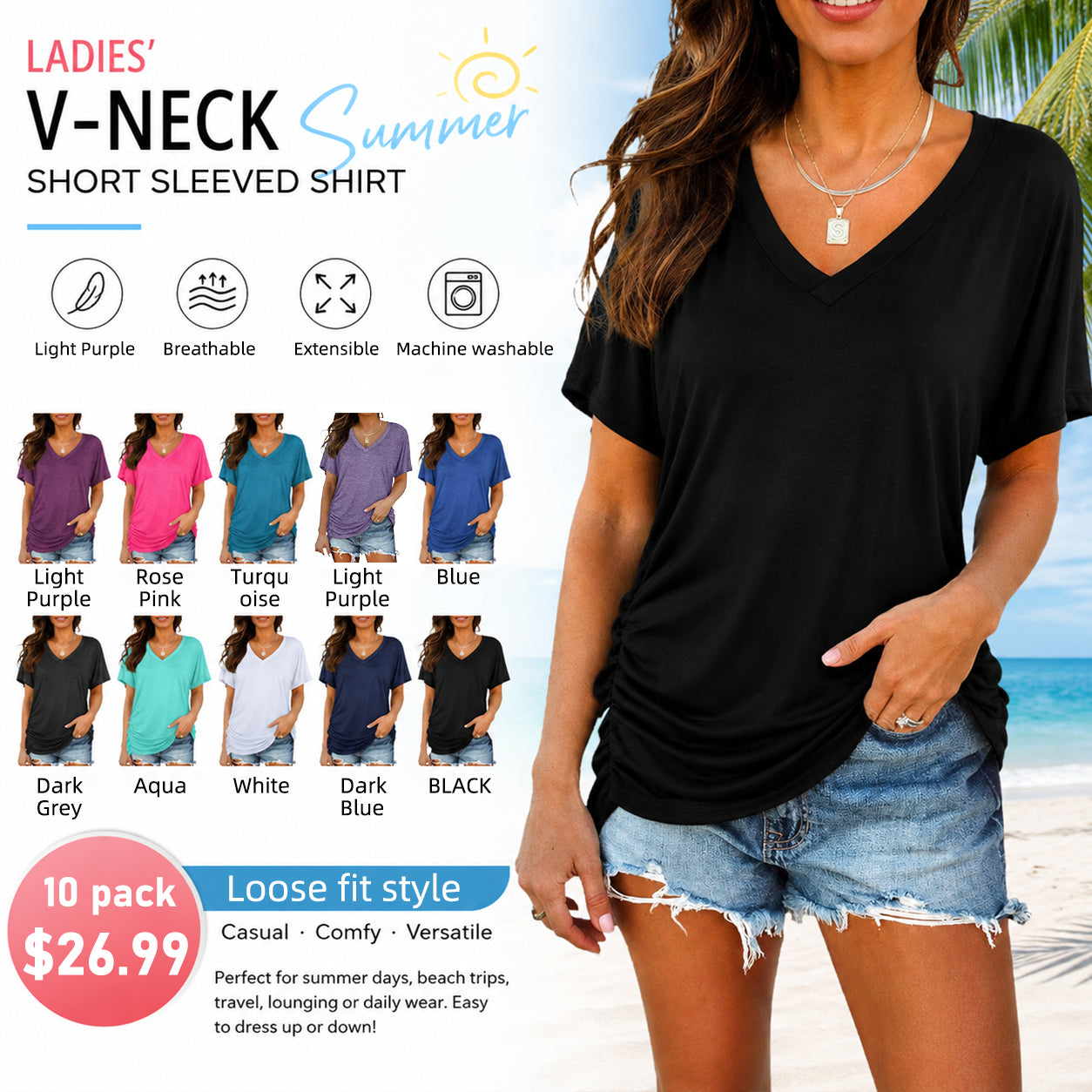 ✨Women’s Casual V-Neck Short Sleeve Shirt | Ultra Stretchy, Figure-Hugging Cut & All-Season Comfort💗