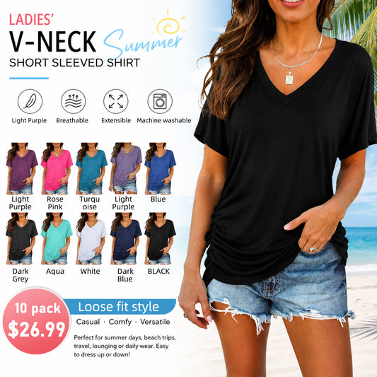 ✨Women’s Casual V-Neck Short Sleeve Shirt | Ultra Stretchy, Figure-Hugging Cut & All-Season Comfort💗