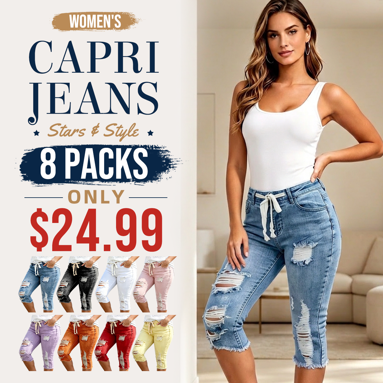 Women's Plus Size Distressed Washed Ripped High-Waisted Capri Frayed Hem Jeans, Drawstring Waist Denim Cropped Pants, Y2K Summer Streetwear Bottoms for Daily Wear, Comfortable Slim Fit Casual Trousers