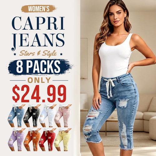 Women's Plus Size Distressed Washed Ripped High-Waisted Capri Frayed Hem Jeans, Drawstring Waist Denim Cropped Pants, Y2K Summer Streetwear Bottoms for Daily Wear, Comfortable Slim Fit Casual Trousers