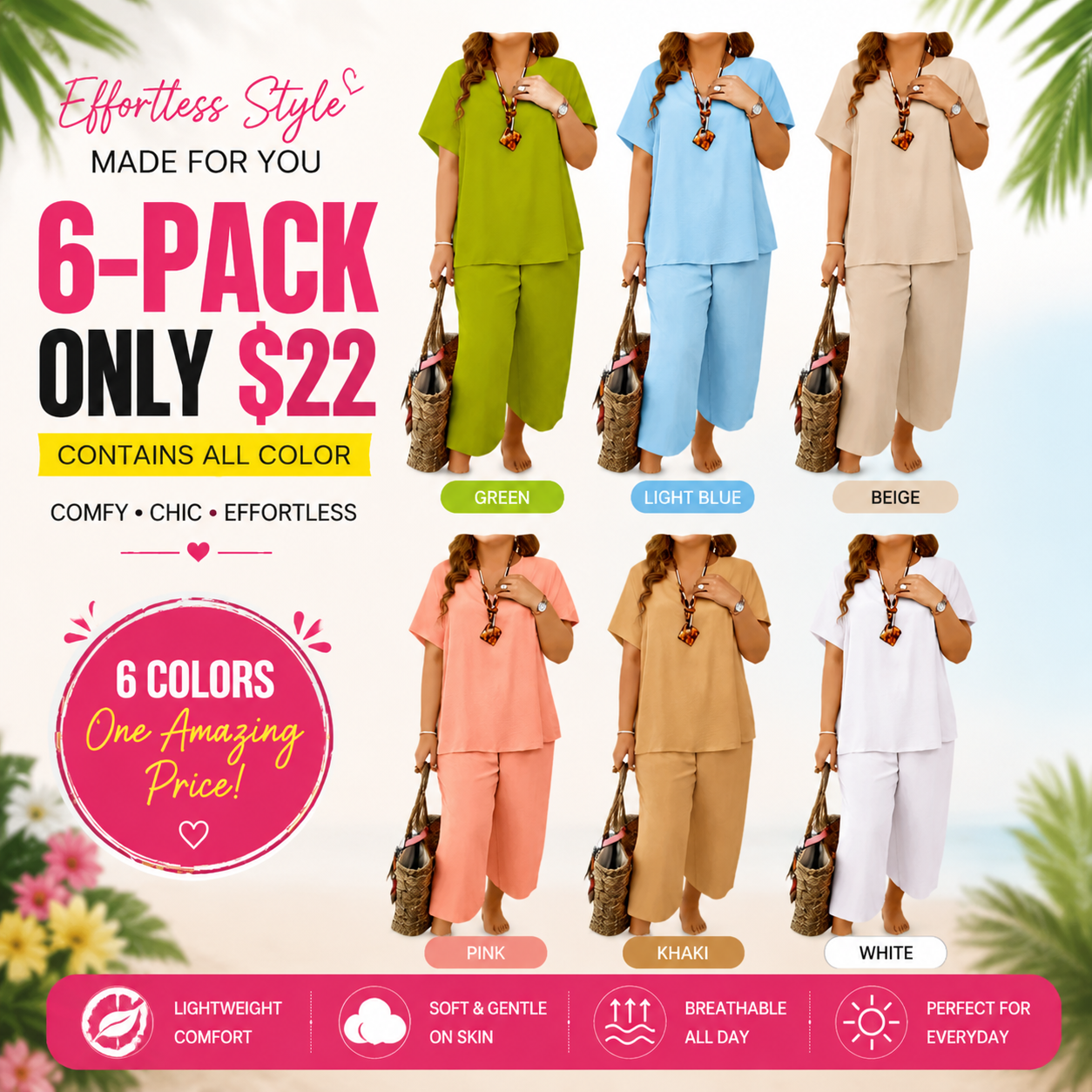 ❤️Women's Solid Short Sleeve Top & Loose Wide Leg Pants 2-Piece Set