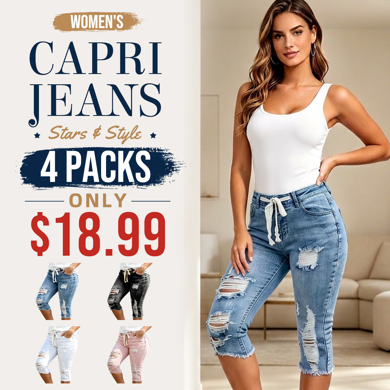 Women's Plus Size Distressed Washed Ripped High-Waisted Capri Frayed Hem Jeans, Drawstring Waist Denim Cropped Pants, Y2K Summer Streetwear Bottoms for Daily Wear, Comfortable Slim Fit Casual Trousers