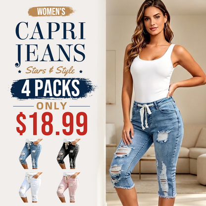 Women's Plus Size Distressed Washed Ripped High-Waisted Capri Frayed Hem Jeans, Drawstring Waist Denim Cropped Pants, Y2K Summer Streetwear Bottoms for Daily Wear, Comfortable Slim Fit Casual Trousers