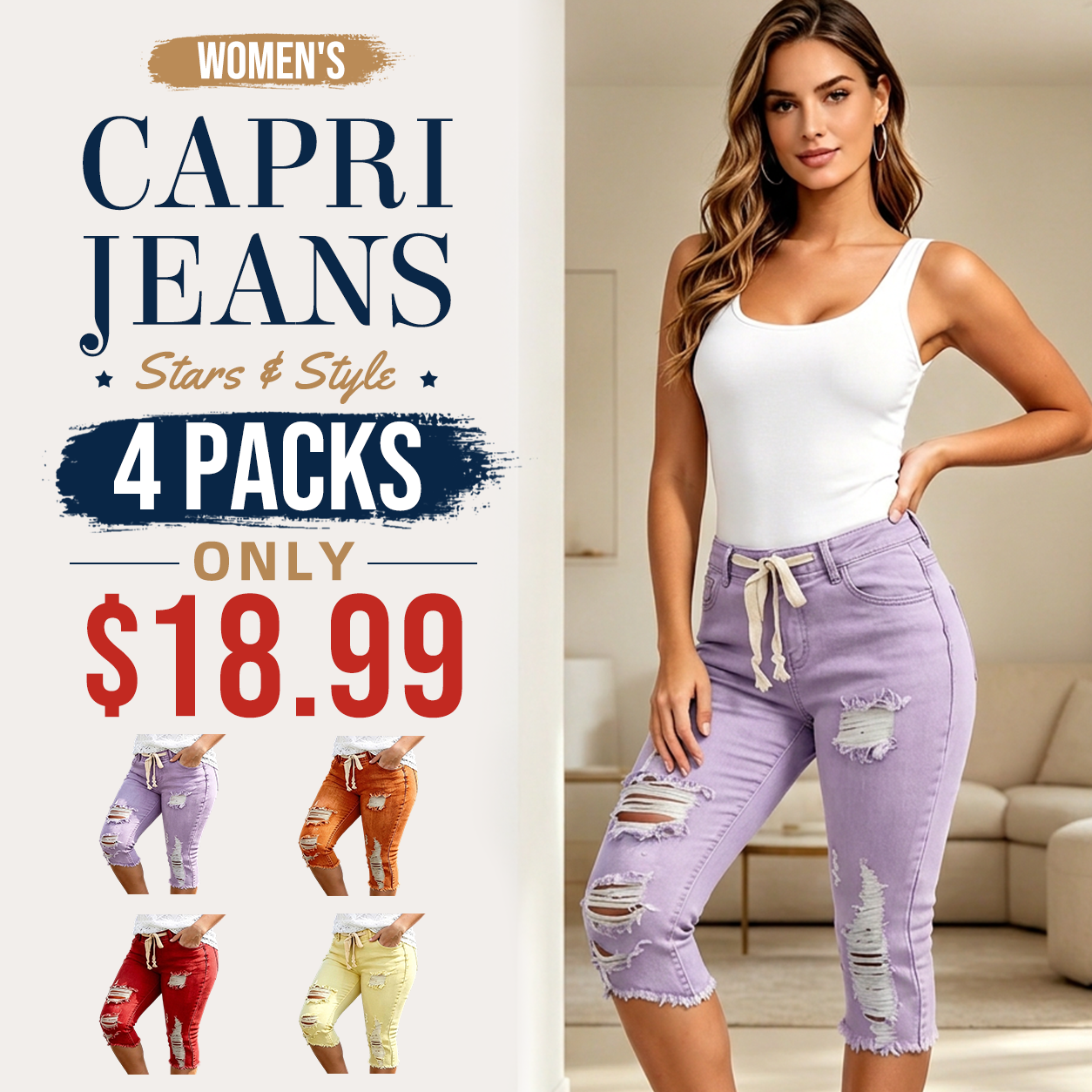Women's Plus Size Distressed Washed Ripped High-Waisted Capri Frayed Hem Jeans, Drawstring Waist Denim Cropped Pants, Y2K Summer Streetwear Bottoms for Daily Wear, Comfortable Slim Fit Casual Trousers