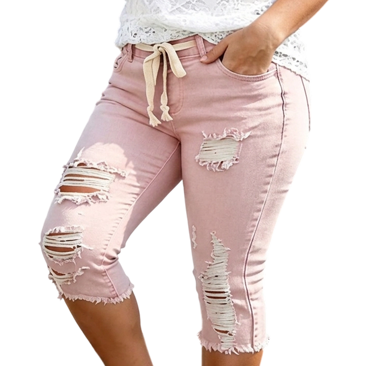 Women's Plus Size Distressed Washed Ripped High-Waisted Capri Frayed Hem Jeans, Drawstring Waist Denim Cropped Pants, Y2K Summer Streetwear Bottoms for Daily Wear, Comfortable Slim Fit Casual Trousers