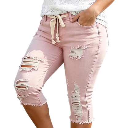 Women's Plus Size Distressed Washed Ripped High-Waisted Capri Frayed Hem Jeans, Drawstring Waist Denim Cropped Pants, Y2K Summer Streetwear Bottoms for Daily Wear, Comfortable Slim Fit Casual Trousers
