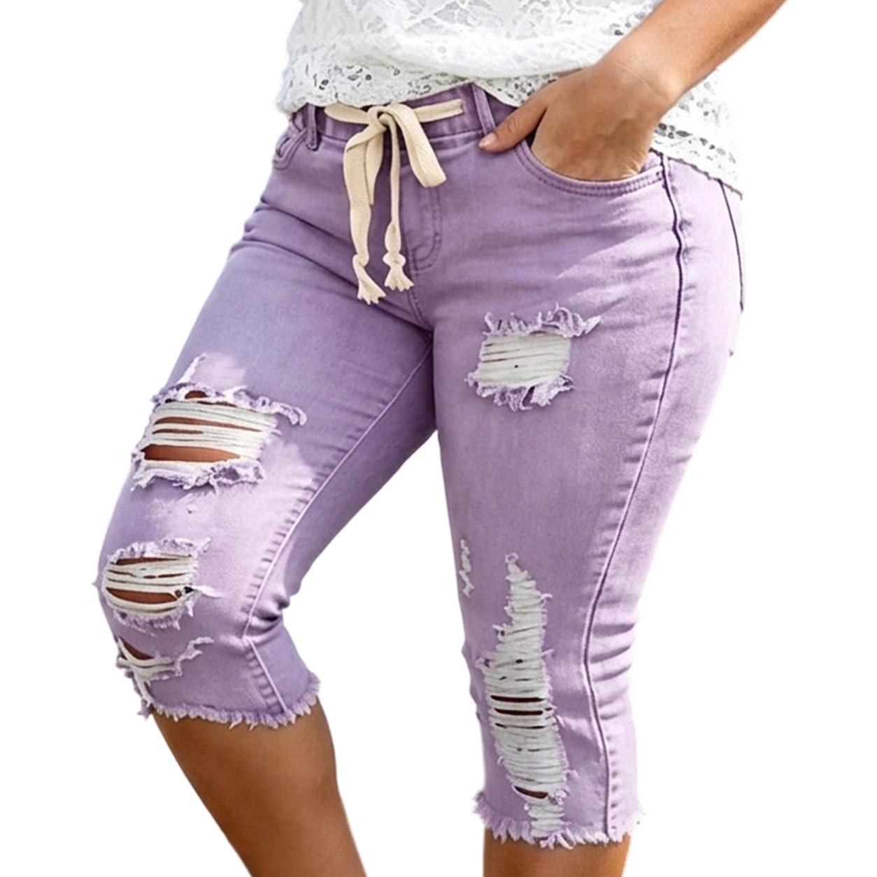 Women's Plus Size Distressed Washed Ripped High-Waisted Capri Frayed Hem Jeans, Drawstring Waist Denim Cropped Pants, Y2K Summer Streetwear Bottoms for Daily Wear, Comfortable Slim Fit Casual Trousers