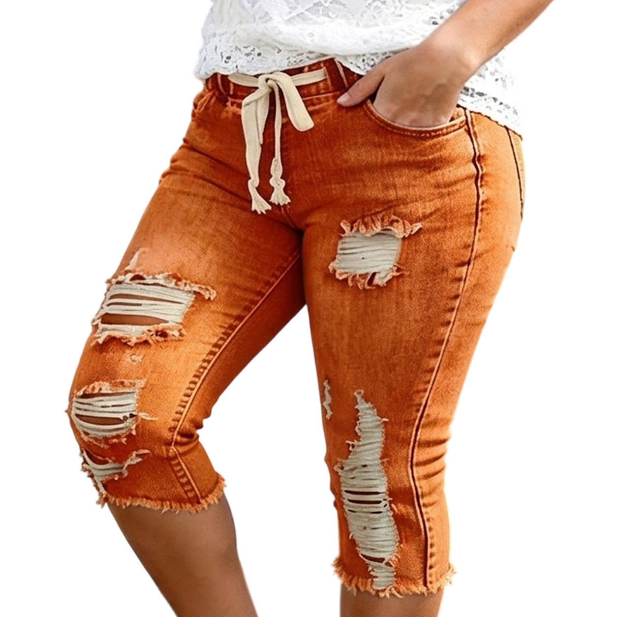Women's Plus Size Distressed Washed Ripped High-Waisted Capri Frayed Hem Jeans, Drawstring Waist Denim Cropped Pants, Y2K Summer Streetwear Bottoms for Daily Wear, Comfortable Slim Fit Casual Trousers