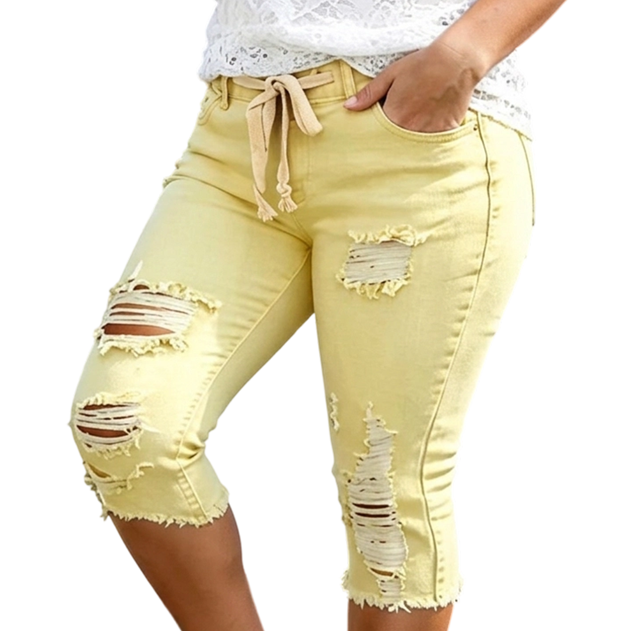 Women's Plus Size Distressed Washed Ripped High-Waisted Capri Frayed Hem Jeans, Drawstring Waist Denim Cropped Pants, Y2K Summer Streetwear Bottoms for Daily Wear, Comfortable Slim Fit Casual Trousers