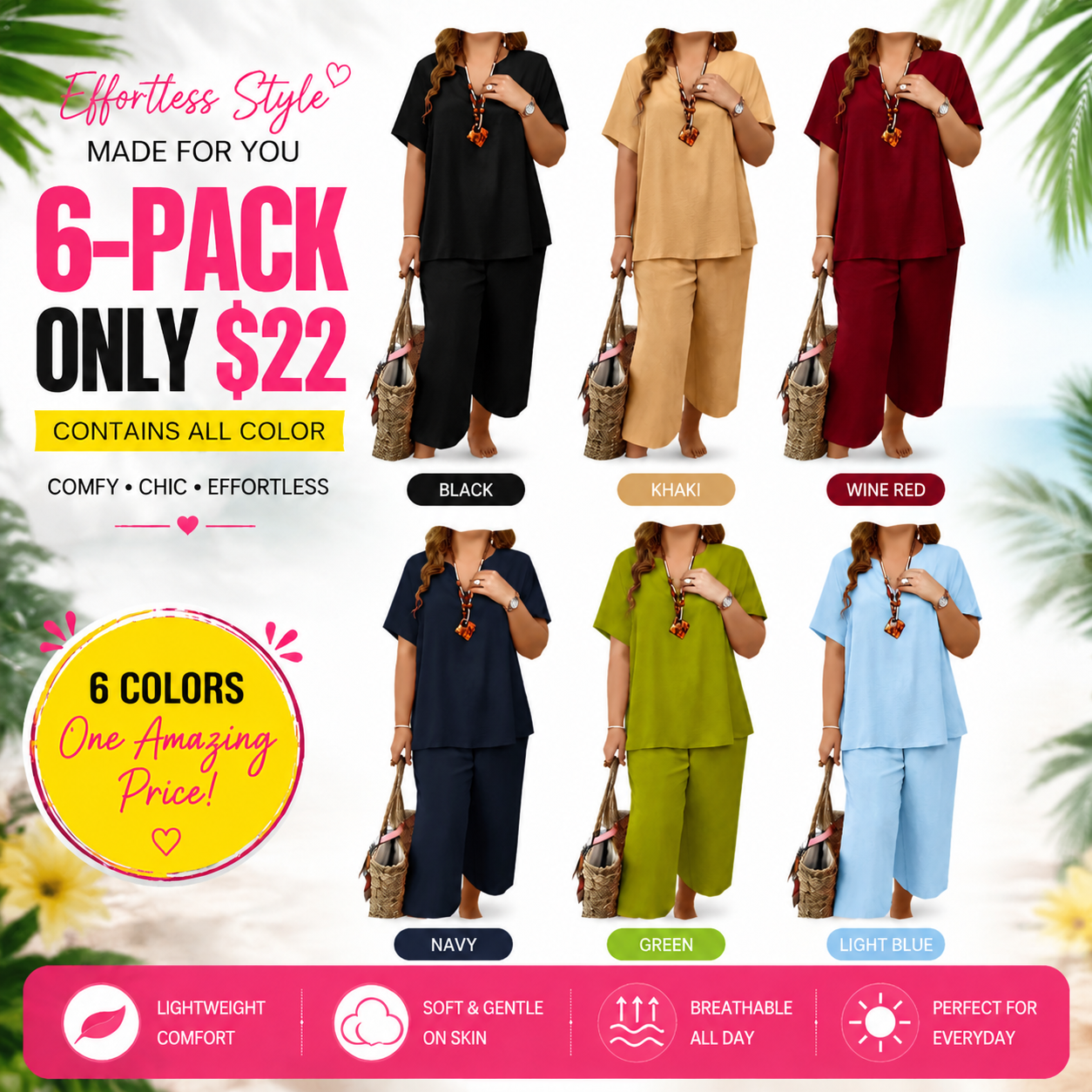 ❤️Women's Solid Short Sleeve Top & Loose Wide Leg Pants 2-Piece Set