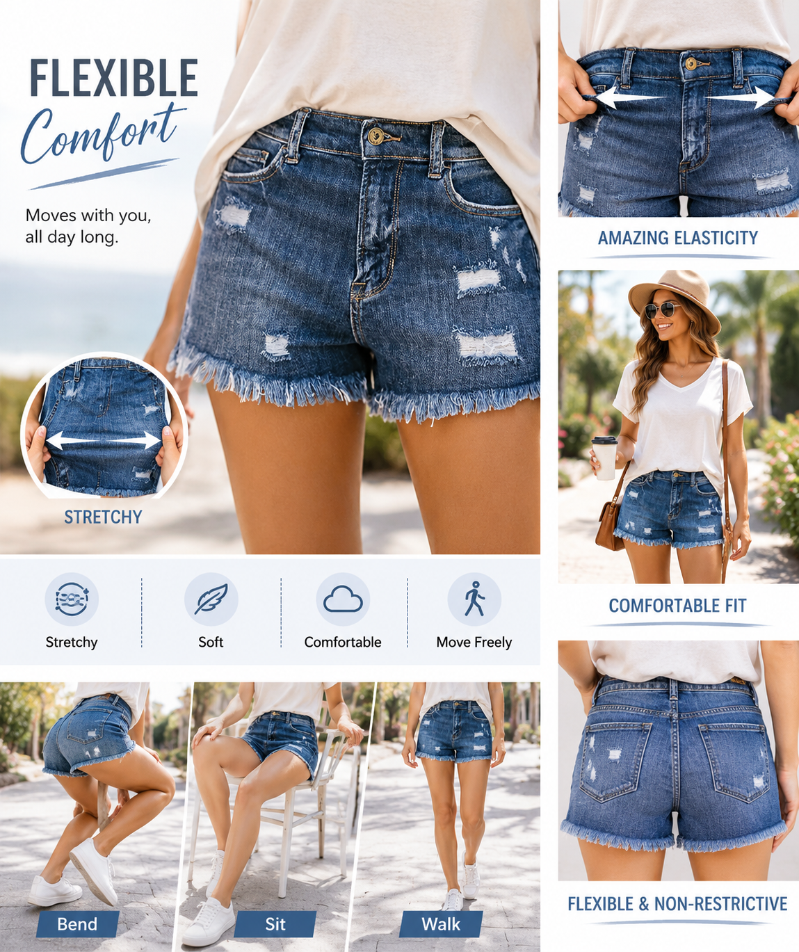 Super Special Offer!Womens Mid Rise Stretchy Cut Off Frayed Denim Shorts Ripped Summer Casual Beach Vacation Clothes