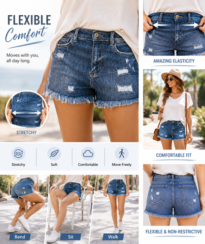 Super Special Offer!Womens Mid Rise Stretchy Cut Off Frayed Denim Shorts Ripped Summer Casual Beach Vacation Clothes